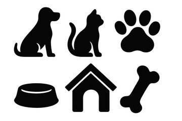 Pet care icons silhouette set with dog, cat, paw print, food bowl, dog house, and bone in bold black vector illustration, cartoon style, isolated on transparent background, ordered collection