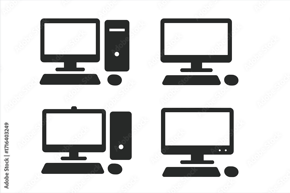 Poster set of desktop computer icons. minimalist black silhouette vector collection. pc workstation with mo