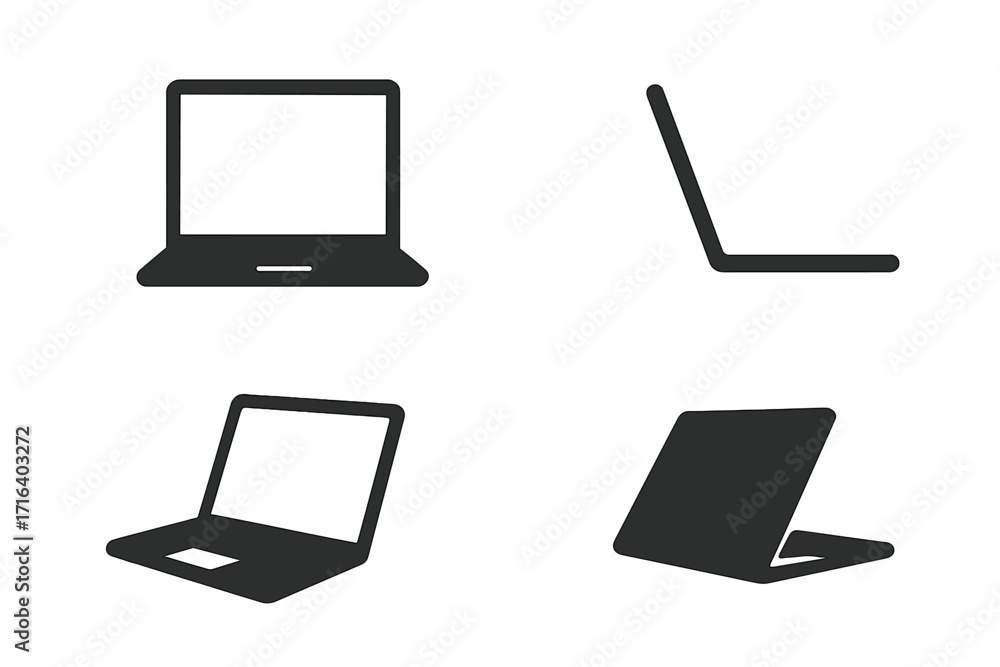 Fototapete Laptop icon set. Minimalist black silhouette of a notebook computer from various angles. Vector graphic element for web and app design. Front, side, and perspective views.