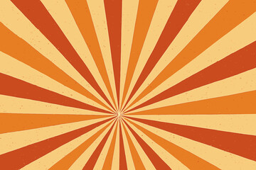 Vibrant retro rays background vector illustration with vintage sunburst cartoon style in warm orange tones and yellow, classic radial striped design with textured effect