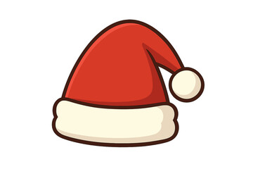 Festive red Santa hat icon with fluffy white trim and pompom, Christmas holiday decoration vector illustration, cartoon style graphic with transparent background, seasonal winter symbol