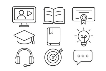 Online learning icon set. E-learning, webinar, and distance education symbols. Computer, diploma, book, graduation cap. Vector illustration for training, knowledge, goals.