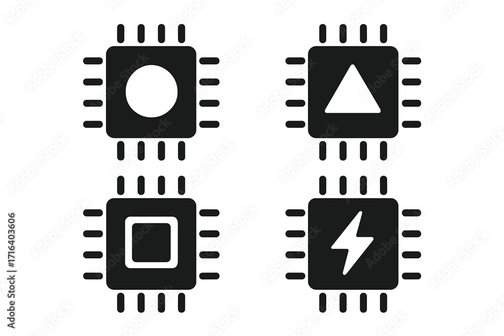 Poster computer chip icon set with geometric symbols. cpu, processor, and microchip silhouette graphic. tec