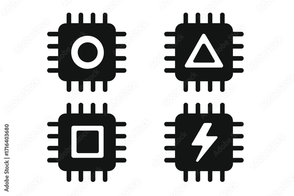Aufkleber computer chip icon set. cpu processor microchip silhouette. integrated circuit hardware technology s