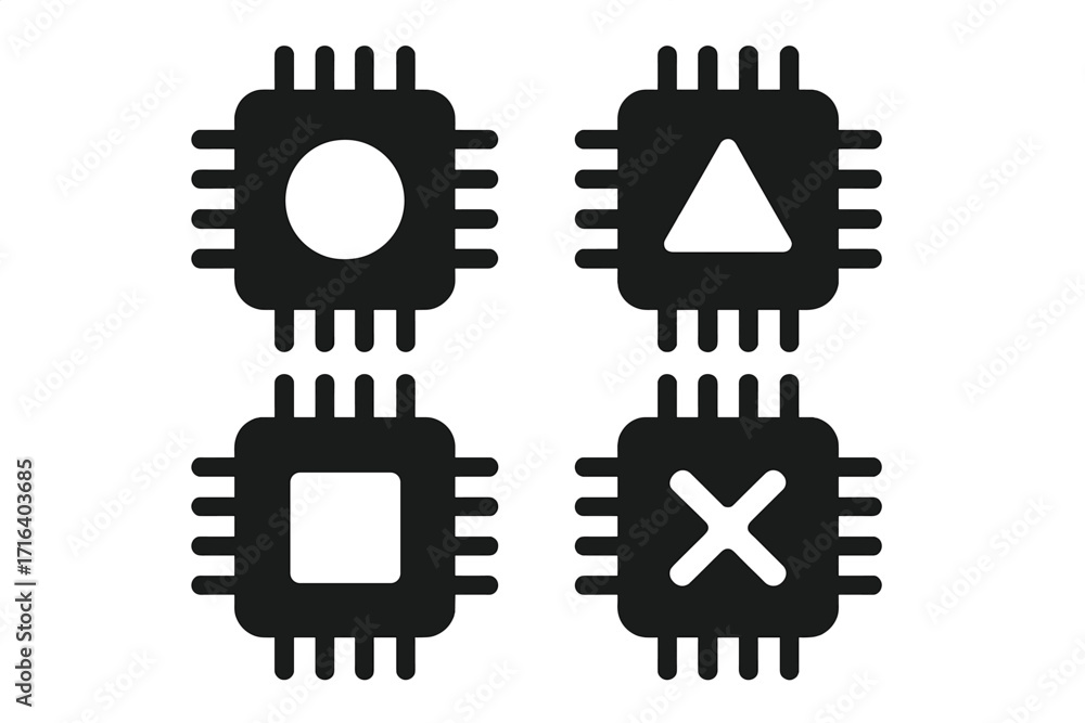 Poster computer chip icon set with geometric symbols. cpu processor silhouette collection for technology an