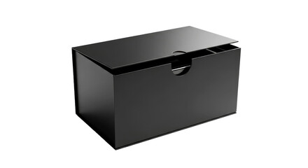 Sleek black rectangular box with a partially open lid and minimalist design, isolated on a dark background. Ideal for product packaging or luxury b...