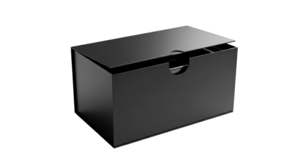 Sleek black rectangular box with a partially open lid and minimalist design, isolated on a dark background. Ideal for product packaging or luxury b...