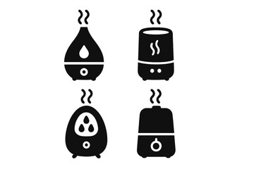 Obraz premium Humidifier and aroma diffuser icons set. Vector silhouette collection of air moisturizers, vaporizers, and purifiers. Home appliance for aromatherapy, steam, and wellness.