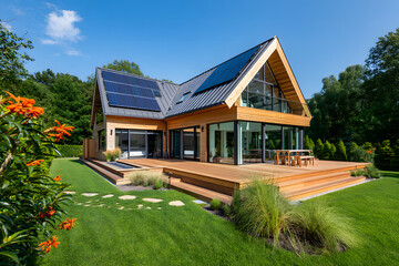 Fototapeta premium Modern wooden house with solar panels on the roof and a large wooden deck in a lush green garden