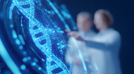Scientists man and woman analyze digital DNA helix. Biomedical research with futuristic technology. Genetic engineering and biotechnology concept for medicine.