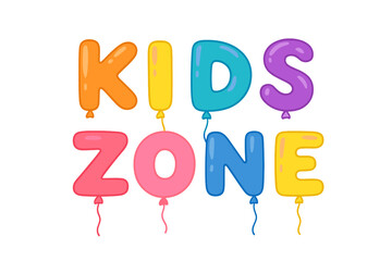 Kids Zone cartoon lettering quote made of helium balloon letters. Flat hand drawn vector for children's party celebration. Colorful fun alphabet font for playroom banner design.