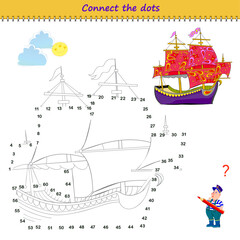 Connect the dots from 1 to 65 and draw an ancient Viking ship. Trace the line between numbers. Coloring book. Developing counting skills. Logic puzzle game for kids. Activity sheet. Vector image.
