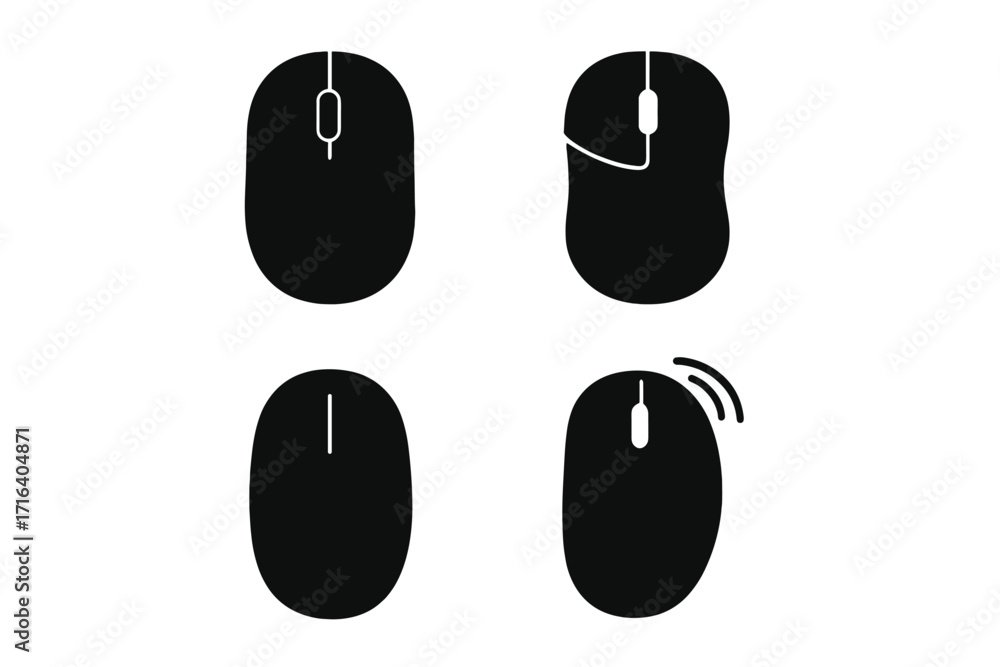 Poster computer mouse icon set. black silhouette collection of classic, modern, wired and wireless mice. ve