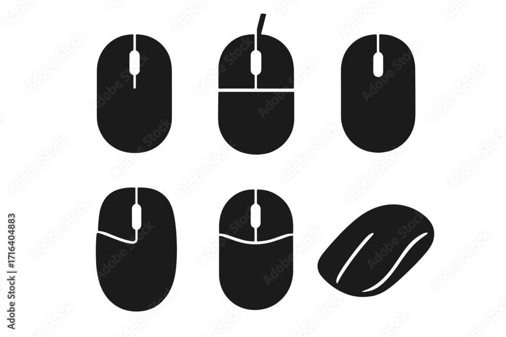 Poster computer mouse icon set silhouette. collection of classic, modern, wired and wireless pc mice. vecto