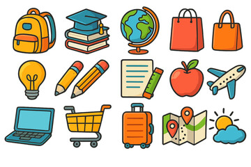 Colorful school and lifestyle icons. Education, shopping, travel themes. Vector cartoon set with backpack, globe, laptop, airplane, luggage, map, and shopping cart icons.
