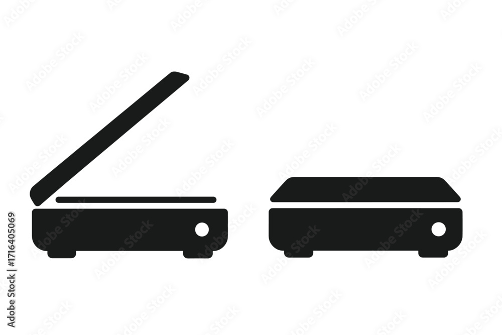 Poster scanner icon set in minimalist silhouette style. open and closed flatbed scanner for document scanni
