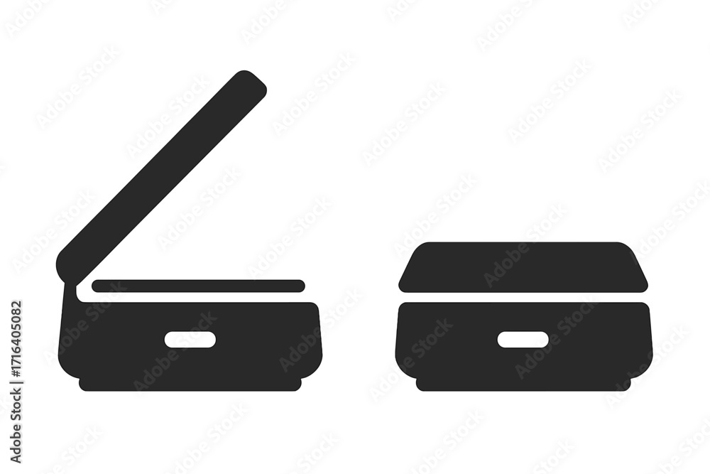Poster scanner icon set in minimalist silhouette design. open and closed document scanner for copying and s