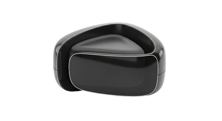 Sleek, futuristic dark grey abstract object with reflective surfaces and elegant white lines, isolated on a black background.