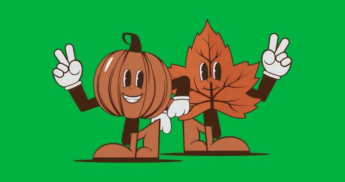 At start, pumpkin and leaf holding peace signs on transparency, pumpkin showing grin showing unity