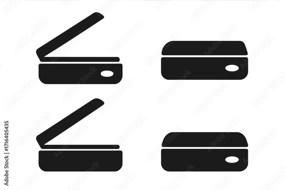 Poster scanner silhouette icon set. vector collection of open and closed flatbed scanners. minimalist offic