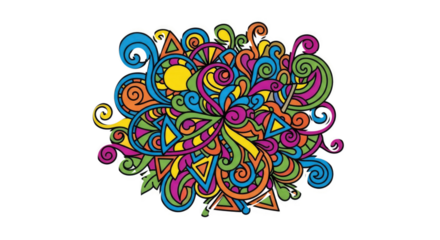 Vibrant abstract doodle art with swirling lines, geometric shapes, and a kaleidoscope of bright colors on a white background.