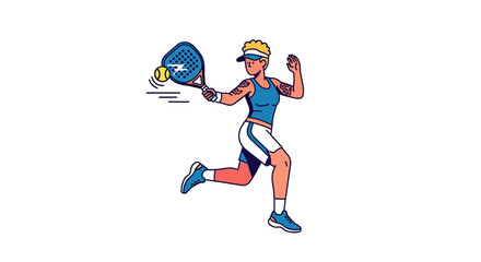 Illustration of a female athlete playing padel, running with a racket and ball, in action.