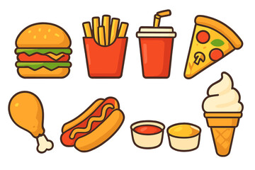 Fast food icon set. Colorful vector cartoon illustration. Junk food collection with hamburger, pizza, french fries, hot dog, soda, chicken leg, ice cream. Menu design elements.