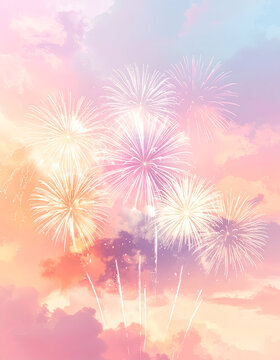 Fireworks Display in Pastel Sky - A Celebration of Colors.