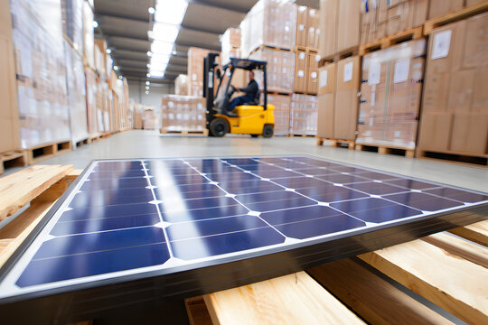 Solar panel resting on a wooden pallet in a warehouse with a forklift in the background