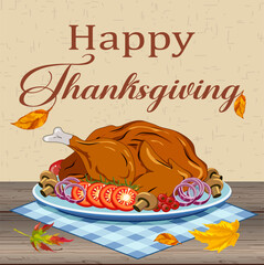 Traditional festive dinner illustrated.Colored vector illustration with roasted turkey on wooden background for Thanksgiving Day.