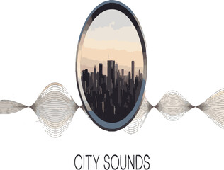 City skyline silhouette within a circle, audio wave below white background.