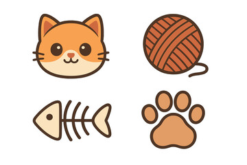 Cute cat icon set with ginger kitten head, yarn ball, fish skeleton and paw print. Adorable kawaii cartoon vector collection for pet shop, vet or kids design. Flat animal symbols.
