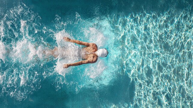 Aerial top-down view swimmer performing butterfly stroke in clear pool, natural sunlight creating water patterns
