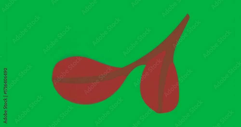 Poster showing static red two-lobed organic form using slender brown connector on transparent background