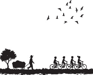Silhouette of farmer with cart and children on bicycles with birds flying