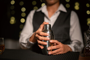 Bartender Serve Whiskey, on wood bar, 