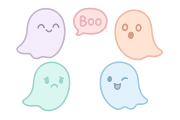 Cute pastel ghosts character set with various expressions. Kawaii cartoon vector illustration collection for Halloween. Funny happy, sad, surprised spirits with boo speech bubble.