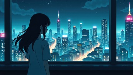 Anime-style girl silhouetted against vibrant city skyline at night. Neon lights illuminate towering skyscrapers while she gazes from window. Cyberpunk aesthetic with pink and blue tones.

