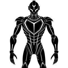 Black and white robot illustration with white accents