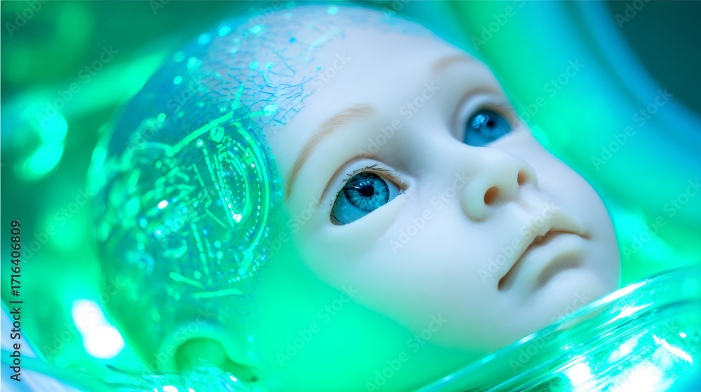 Poster baby robot with circuit board details on head in neon green light. artificial intelligence and advan