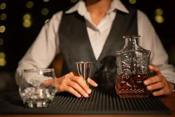 Bartender Serve Whiskey, on wood bar, 