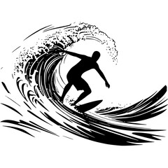 Silhouette surfer riding wave vector illustration surfing adventure art