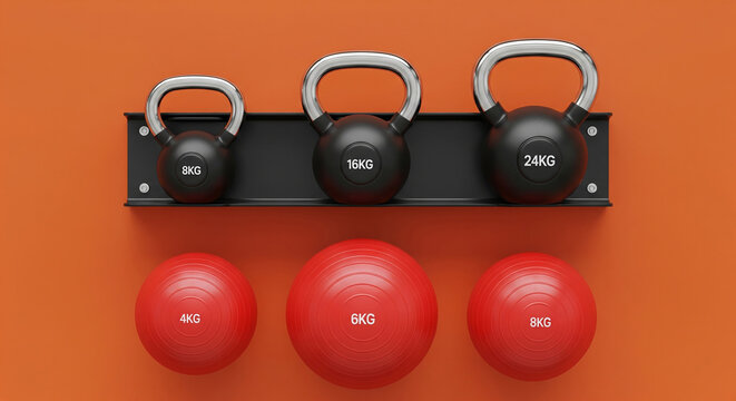 A set of kettlebells and medicine balls arranged on a rack against an orange background, perfect for fitness and exercise concepts