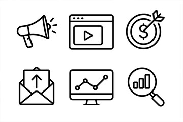 Simple line icons for digital marketing tools and analytics, vector cartoon set with transparent background, ordered design for business, internet, data, email, video, growth, target, search
