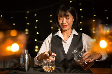 Bartender Serve Whiskey, on wood bar, 