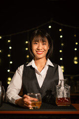 Bartender Serve Whiskey, on wood bar, 