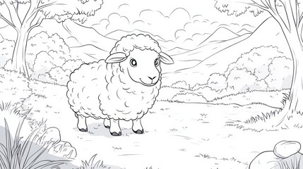 Cute sheep outdoorscape illustration