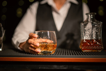 Bartender Serve Whiskey, on wood bar, 