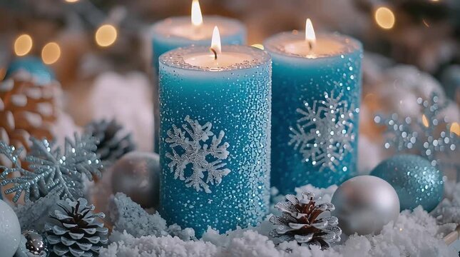 Three blue candles with snowflakes on them. There are also some pine cones and balls on the ground