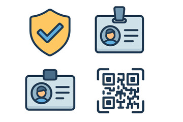 Modern flat icon collection for identity verification and secure access. Features ID badge, QR code for scanning, and a protection shield for personal data authentication.